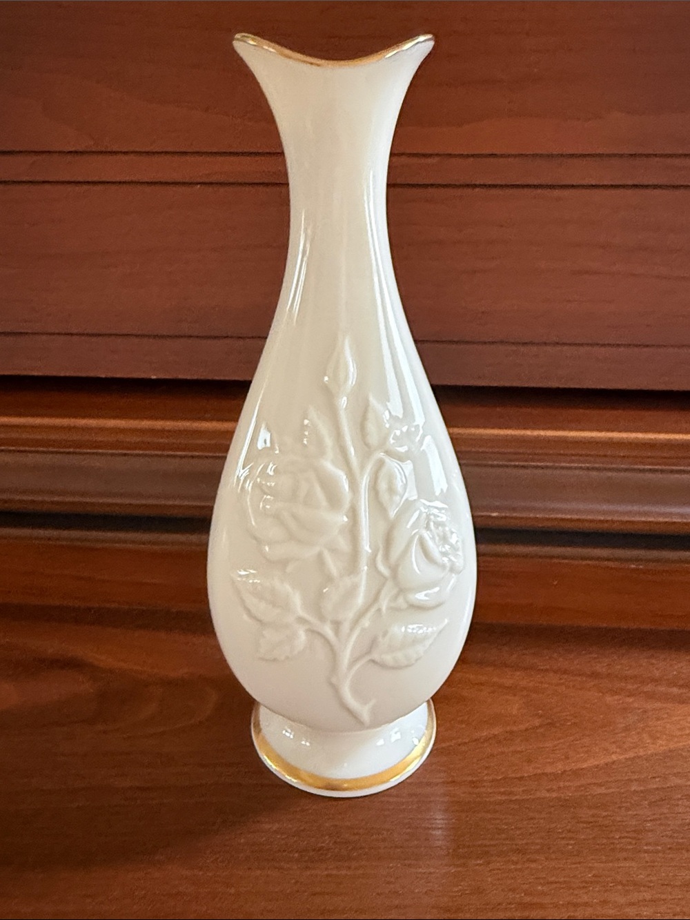 Lenox Ceramic Bud Vase with Gold Trim and Embossed Rose Design